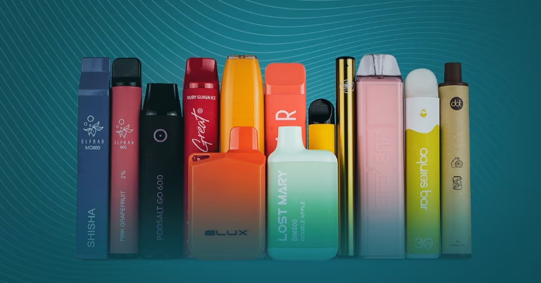 Close-up of various disposable vape pens and pod systems.