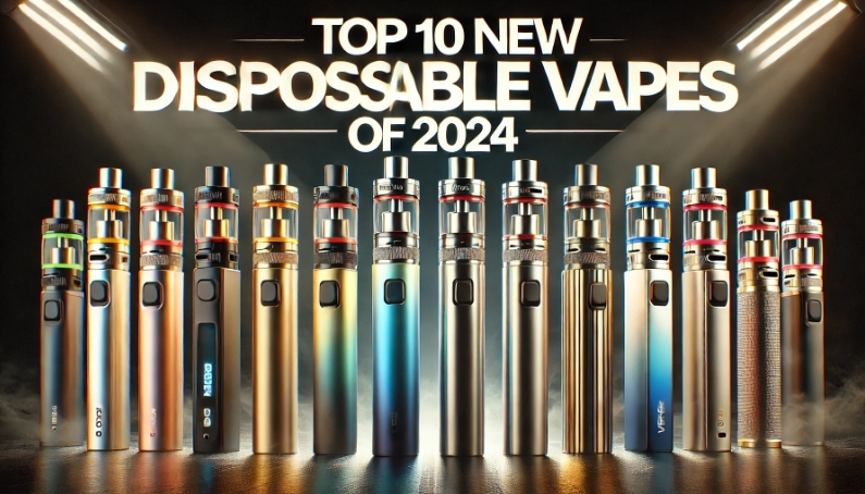 Promotional image titled 'Top 10 New Disposable Vapes of 2024,' displaying a selection of sleek, modern disposable vape devices in various colors and designs. Features highlighted include 'High Puff Count,' 'Adjustable Airflow,' and 'Premium Flavor Options,' with a futuristic, polished aesthetic showcasing innovation and quality.