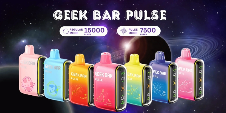 A variety of Geek Bar Pulse flavors arranged with packaging for display