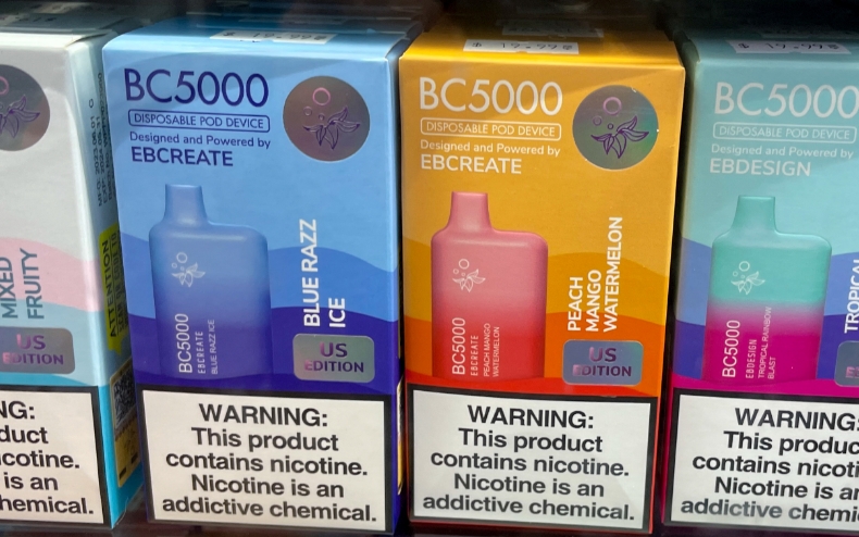 Close-up of Lost Mary disposable vape packaging with nicotine warning label