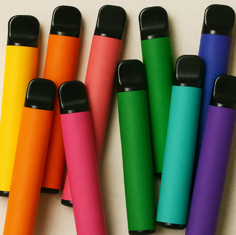 Assorted disposable vapes in vibrant colors
