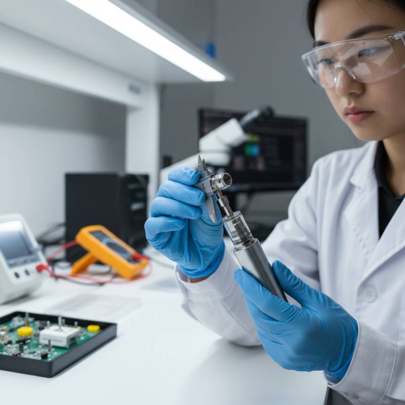 Close-up of a quality control inspector testing e-cigarette hardware