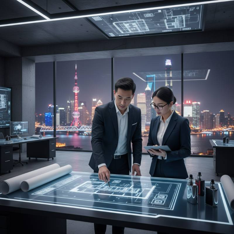 Vape brand owner and factory manager reviewing architectural blueprints and designs