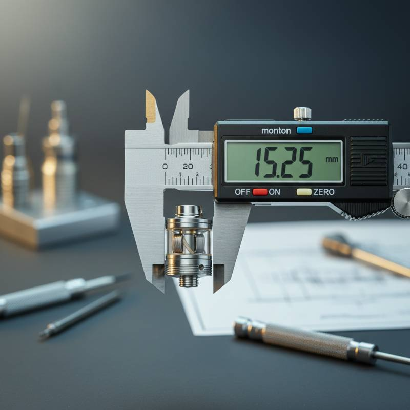 Close-up of a digital caliper measuring a vape component with high precision