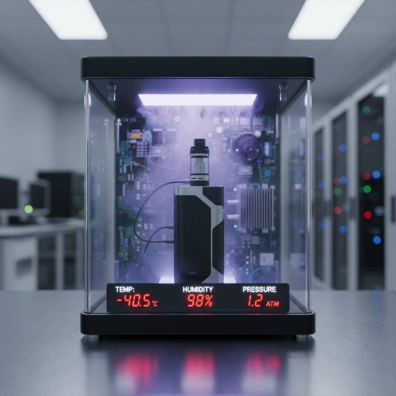 A vape device inside a high-tech environmental testing chamber with digital temperature readouts