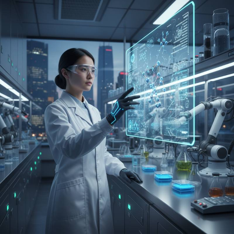 A high-tech laboratory setting with a scientist examining molecular structures on a transparent digital screen.